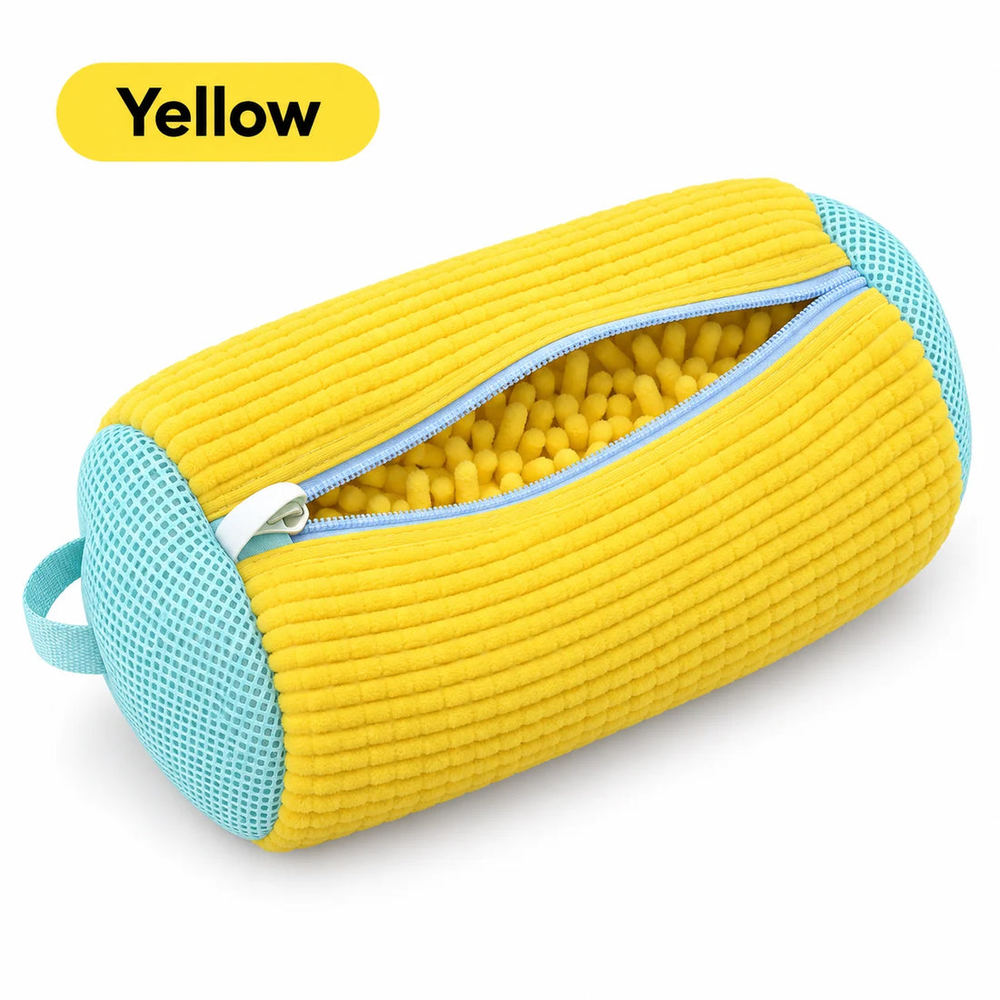 Yellow ShoeBagz shoe washing bag with blue mesh ends and an open zipper